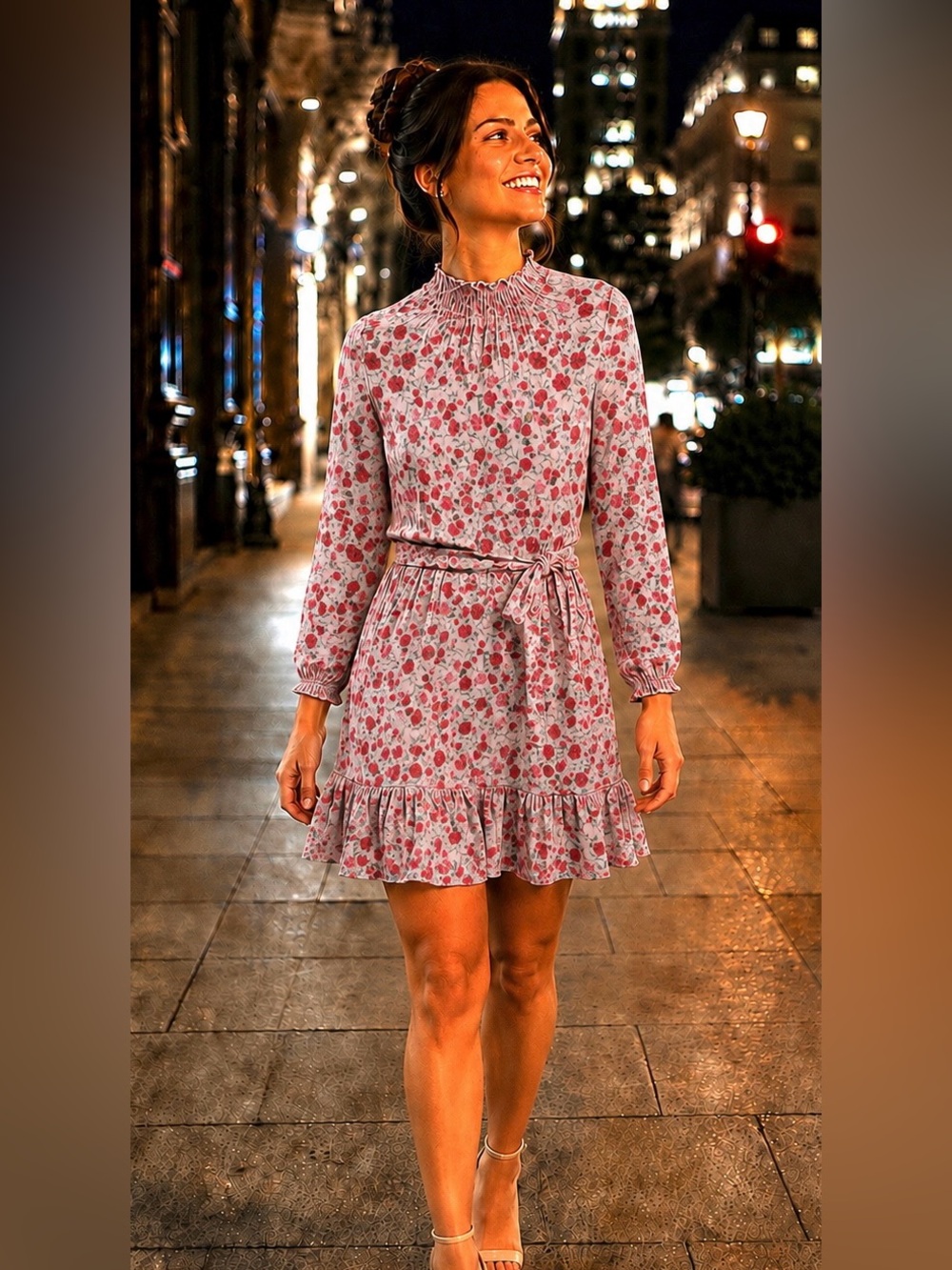 Sweet Rain Size L Excellent Condition Floral Smocked Neck Long-Sleeve Mini Dress